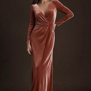 Jenny Yoo Ryland V-Neck Long-Sleeve Open-Back Stretch Velvet Gown